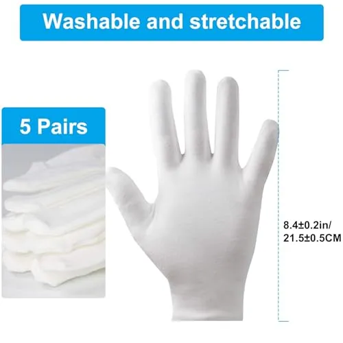 5Pairs(10Pcs) Moisturizing Gloves Overnight, Cotton Gloves for Dry Hands Eczema,White Cotton Gloves for Men and Women,Washable SPA Cotton Inspection Gloves, One Size Fit Most Cloth Gloves