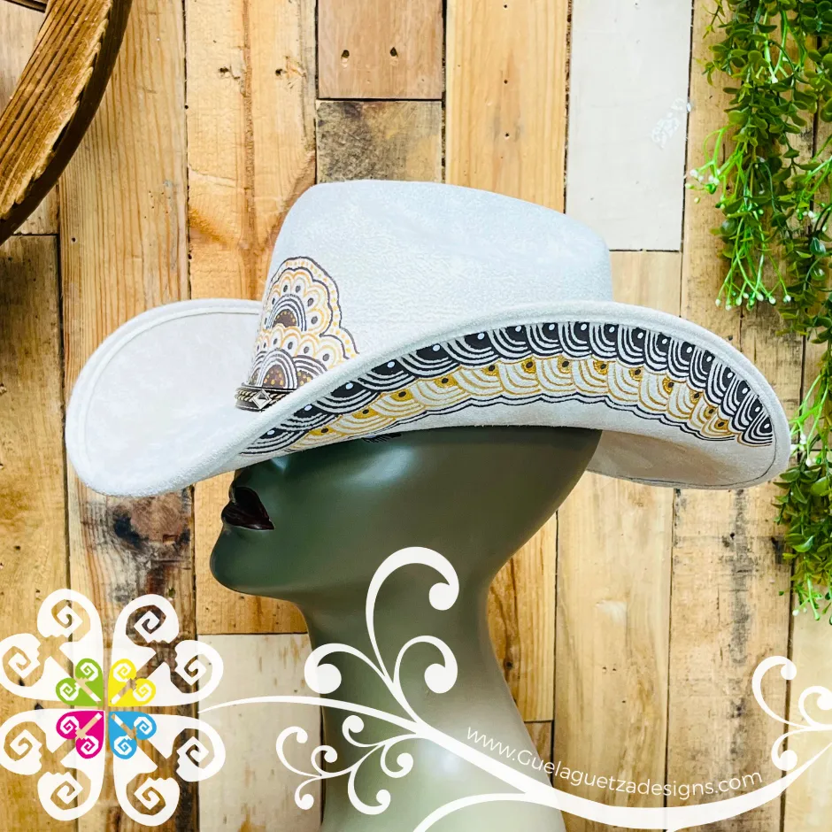 Beige Mitla Cowboy Velvet Hat - Hand Painted Hat