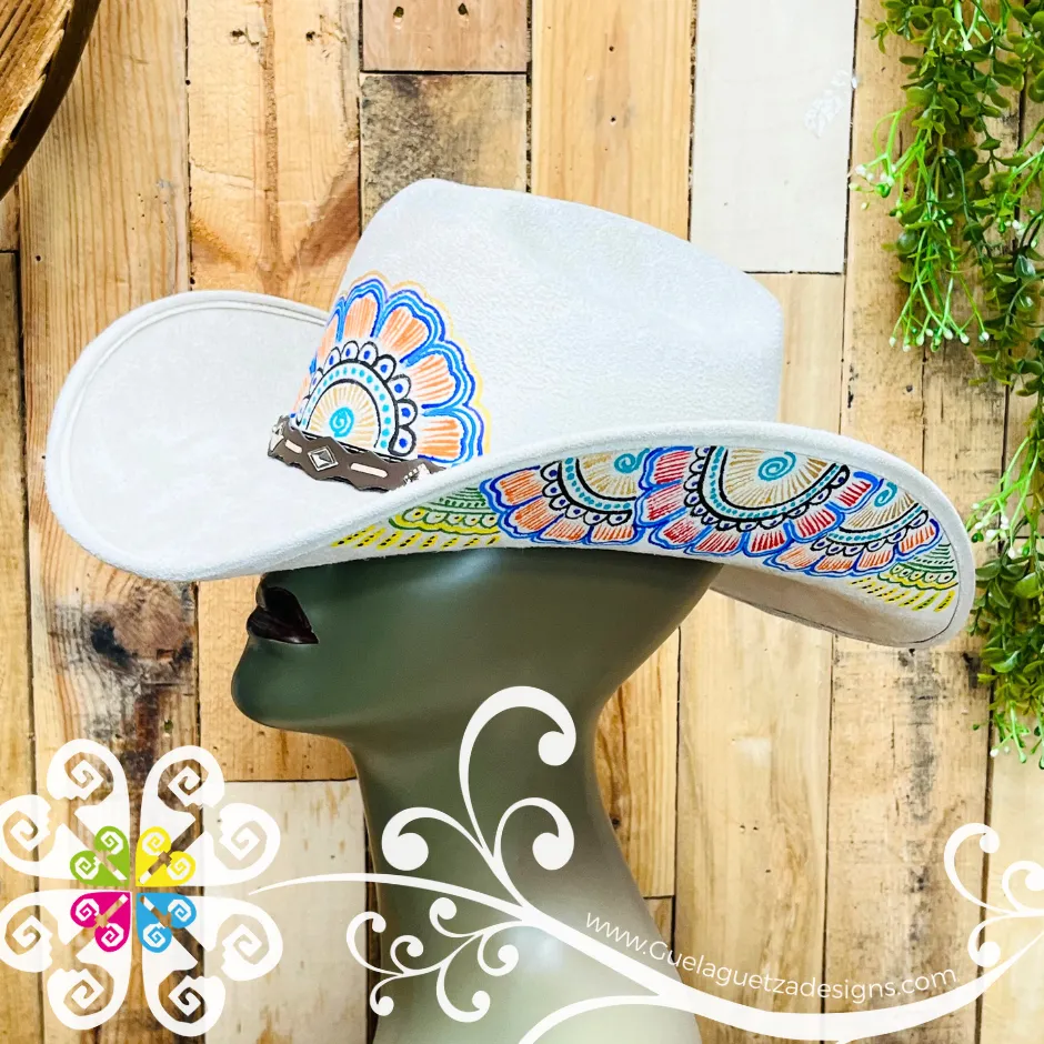 Beige Mitla Cowboy Velvet Hat - Hand Painted Hat
