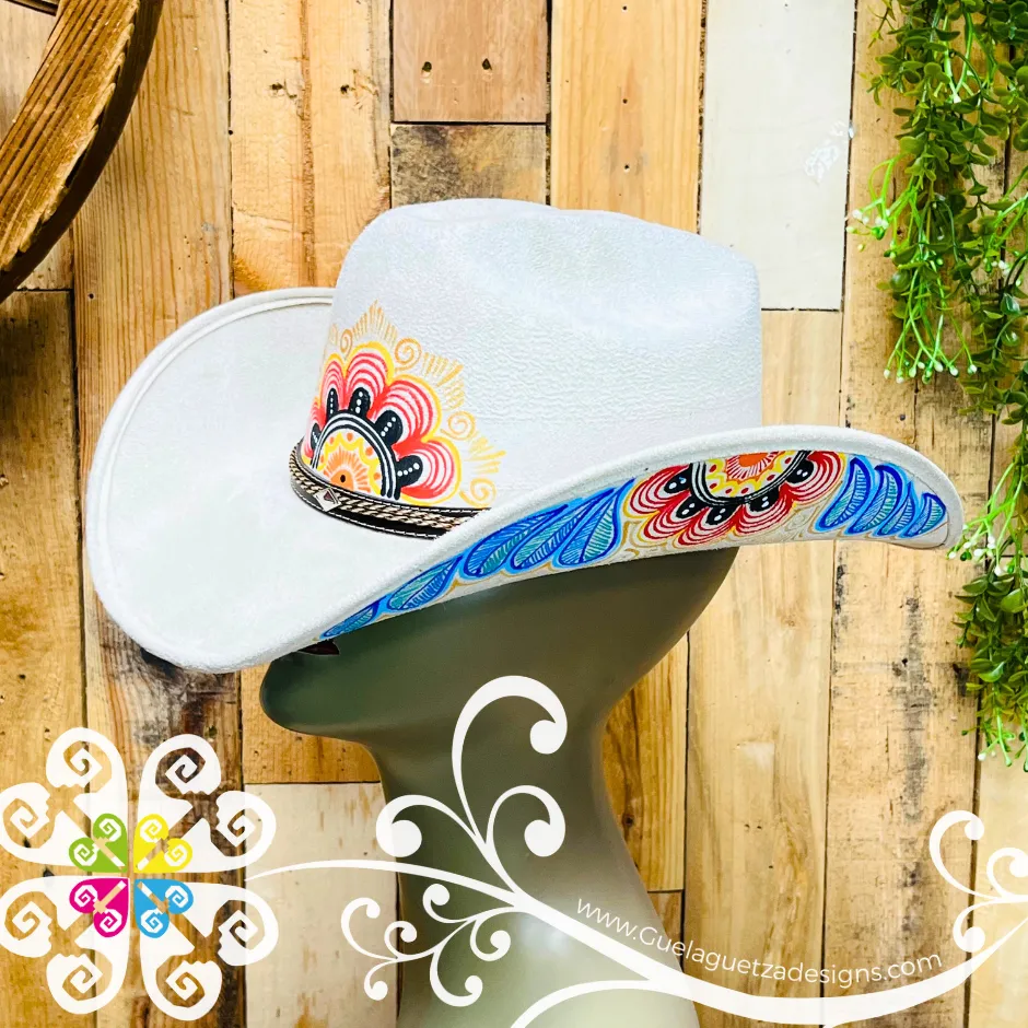 Beige Mitla Cowboy Velvet Hat - Hand Painted Hat