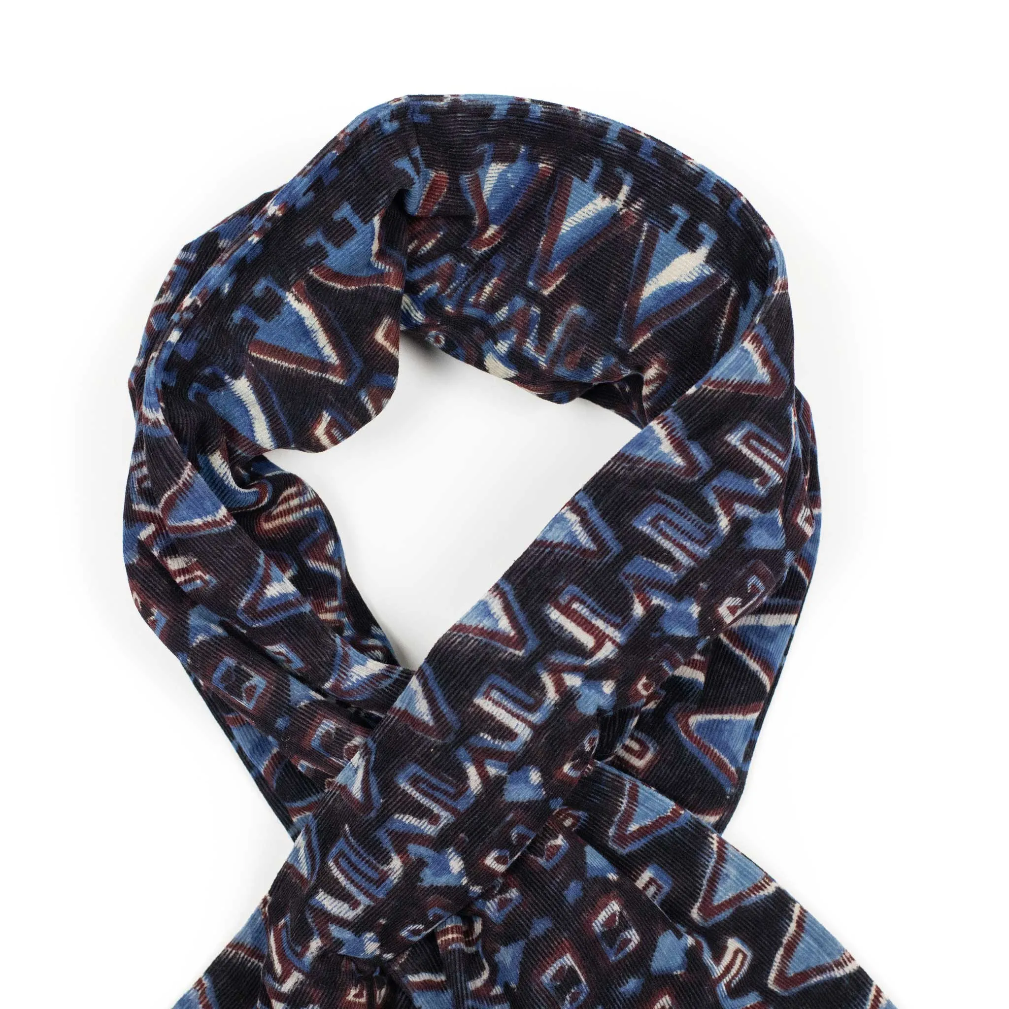 Quilted scarf in black, light blue, and red handblock printed cotton corduroy