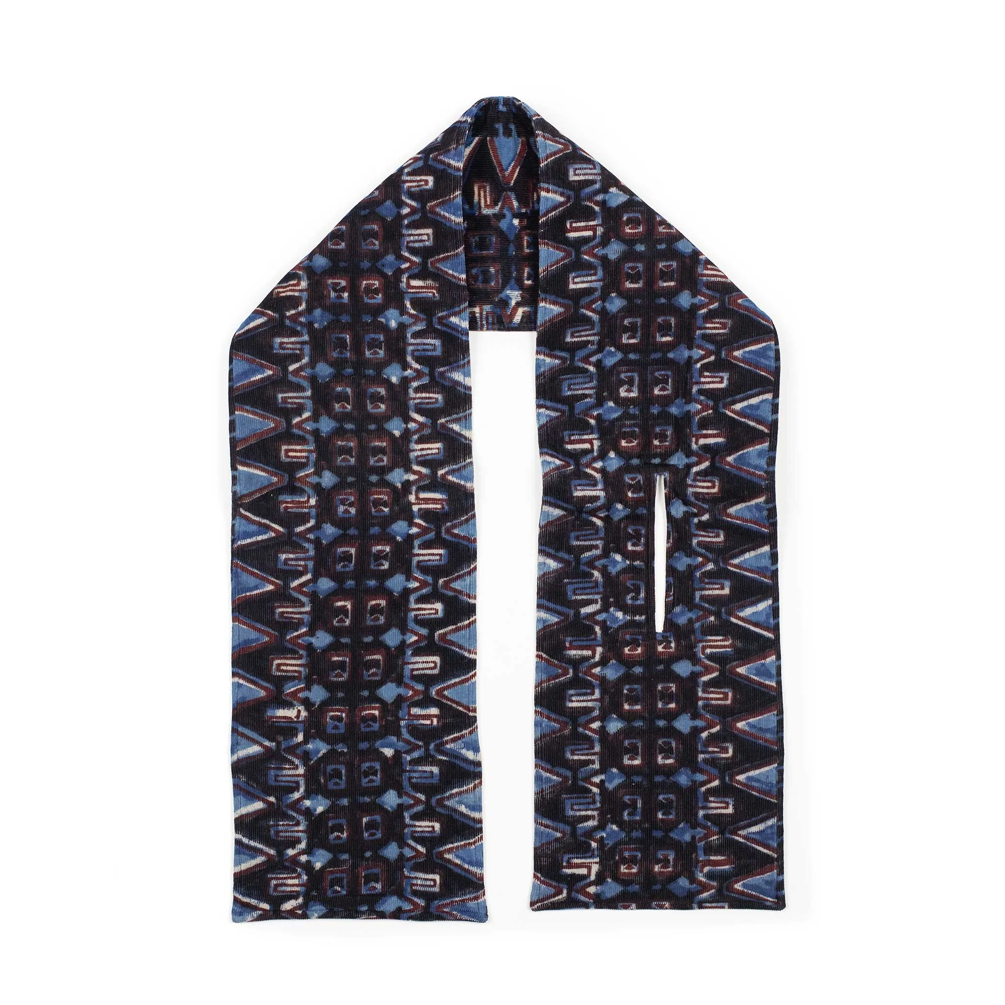 Quilted scarf in black, light blue, and red handblock printed cotton corduroy