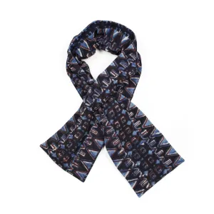 Quilted scarf in black, light blue, and red handblock printed cotton corduroy