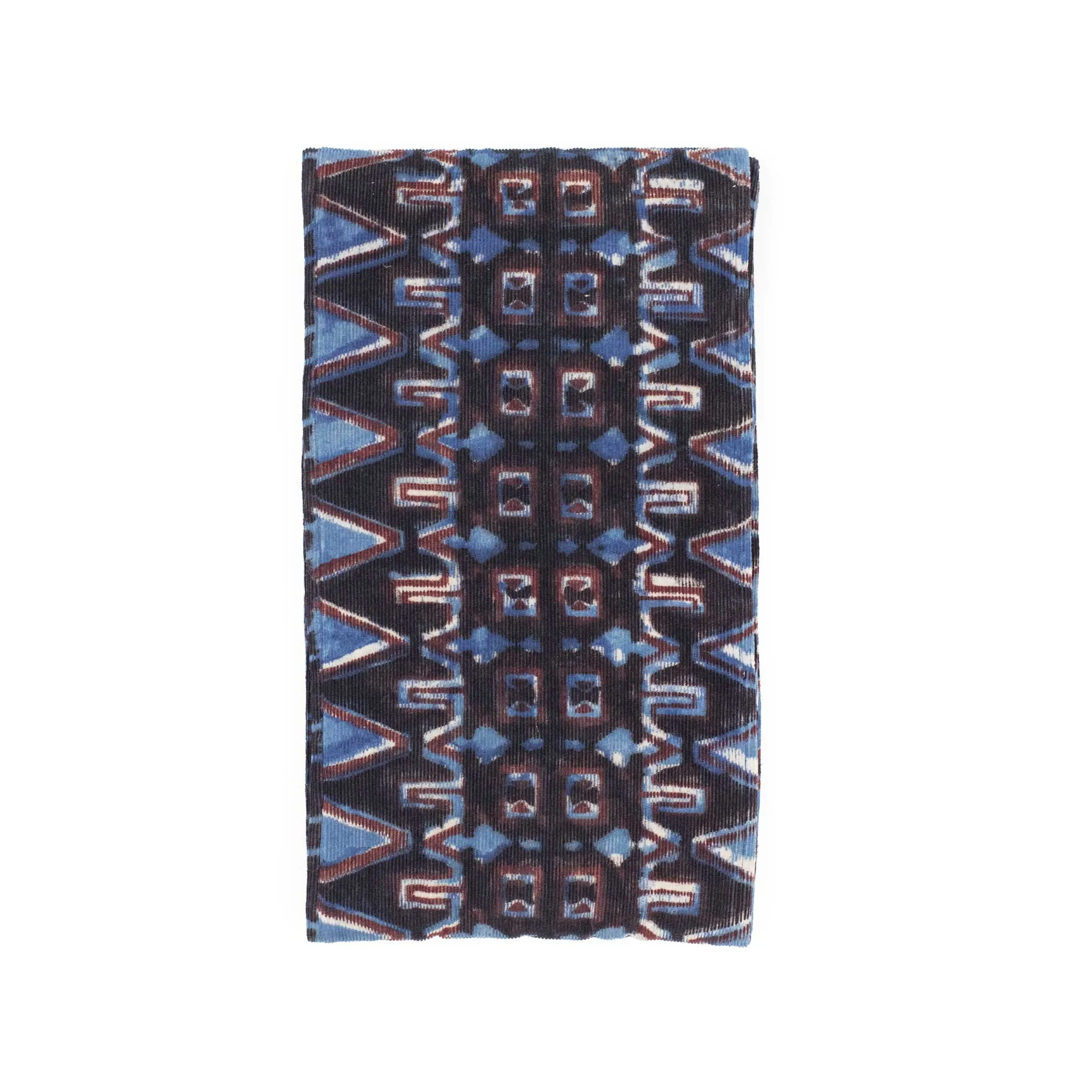 Quilted scarf in black, light blue, and red handblock printed cotton corduroy