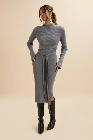 ROMI Knitted Ribbed Open Back Sleeved Midi Dress In Grey