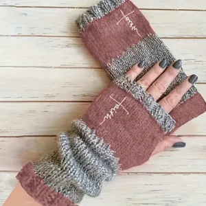Vintage-Inspired Women's Warm Gloves With Embroidered Cross Design - Stretchy, Color Block Fingerless Mittens For Autumn & Winter